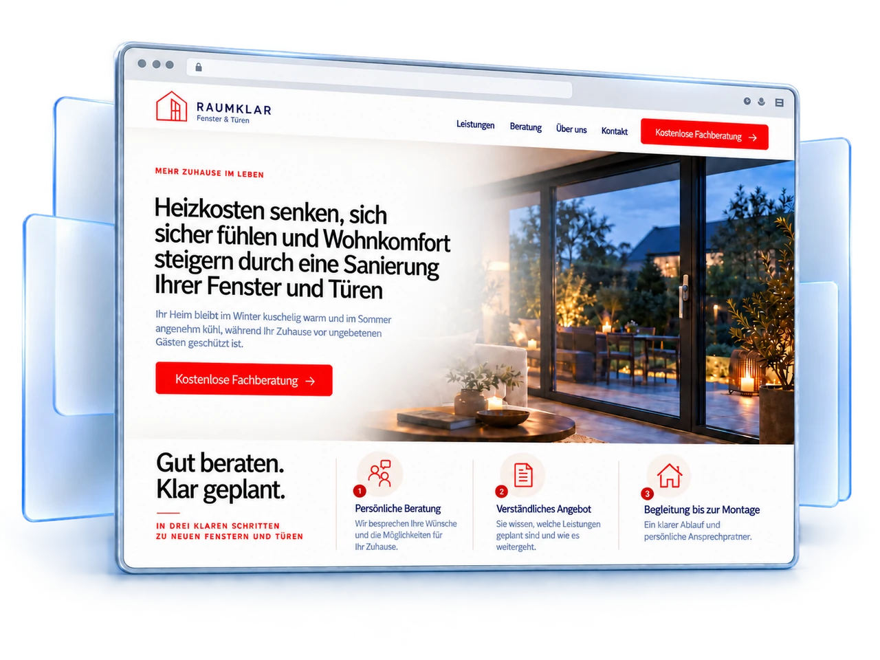 Webseite-Ansicht für Fenster und Türen mit klarer Nutzenbotschaft, persönlichem Beratungsablauf und Kontaktmöglichkeit