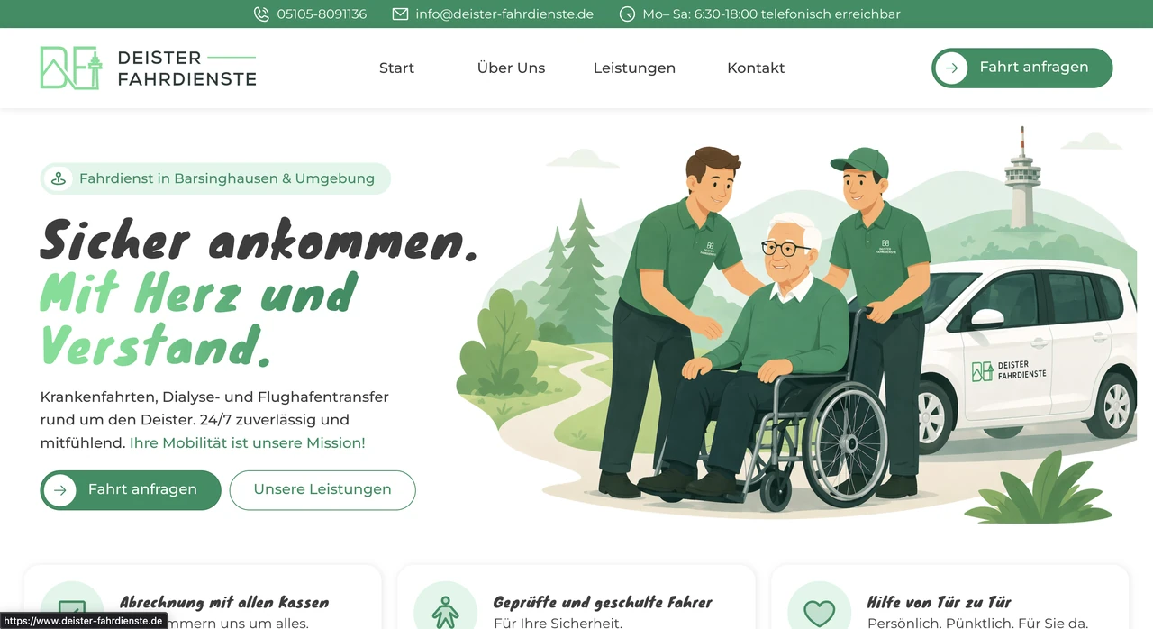 Webseite eines Fahrdienstes mit grüner Illustration