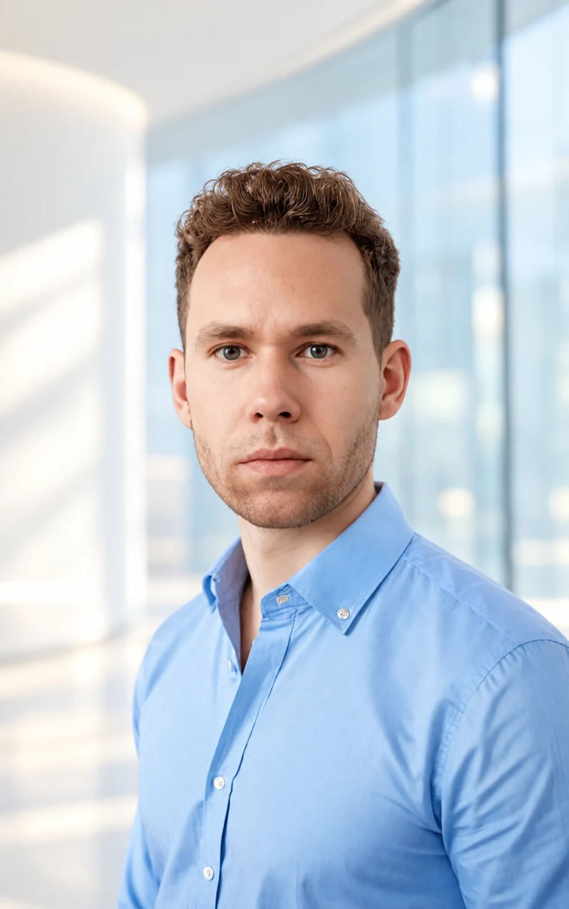 Michael Gensch im blauen Hemd vor einem hellen Studio-Hintergrund